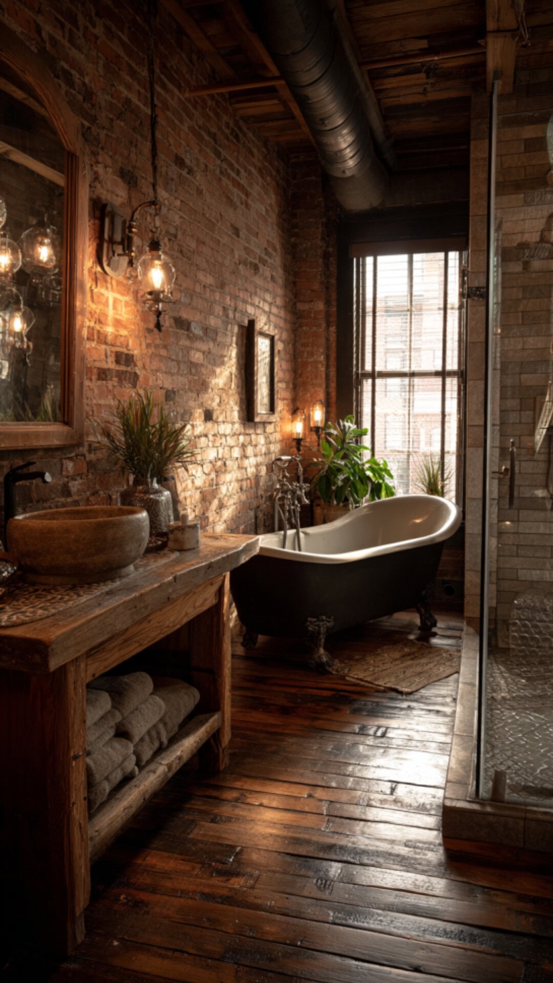 2. Farmhouse Industrial Bathroom with Rustic Warmth