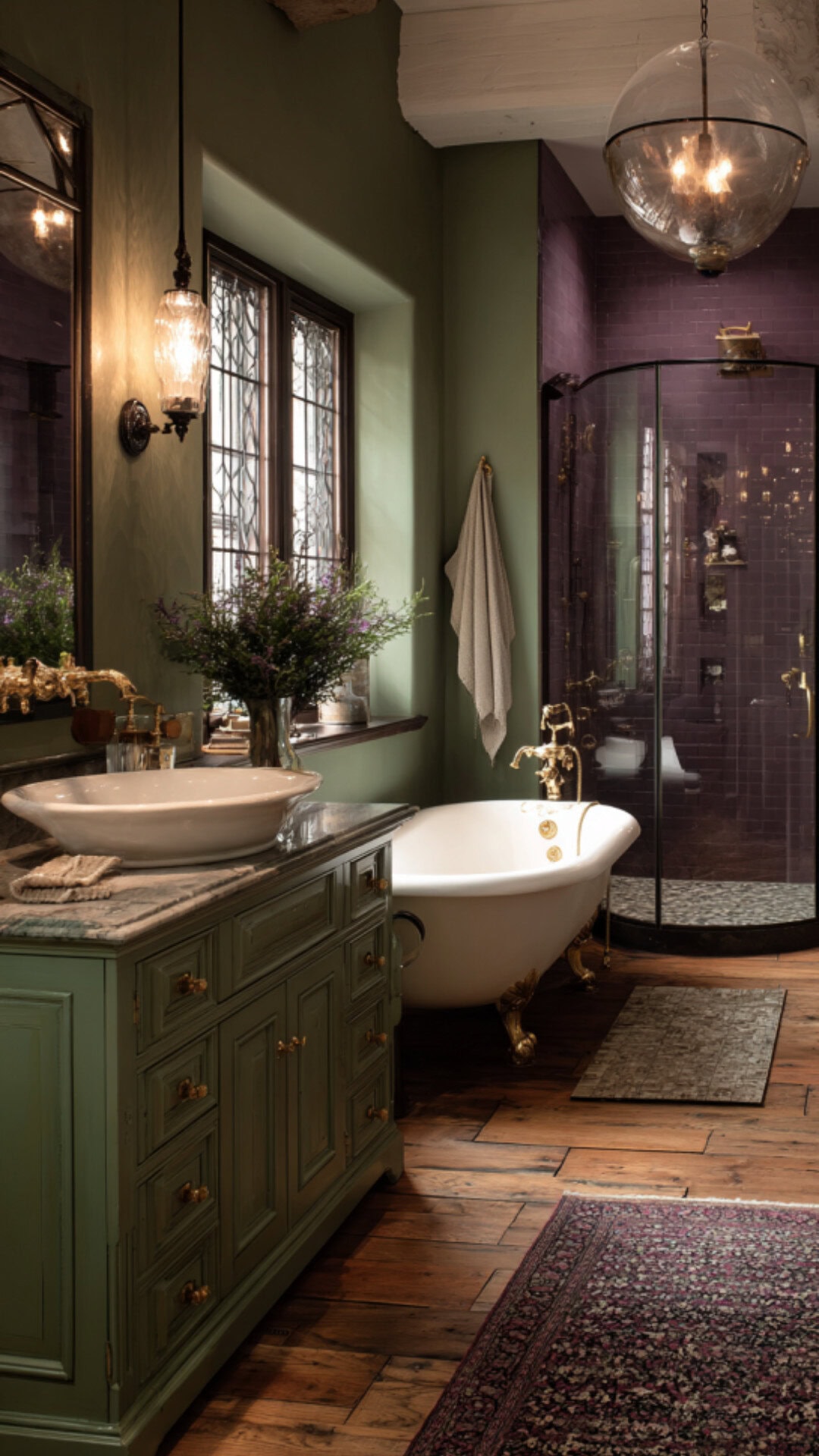 2. Green and Purple Bathroom with Fresh Contrast