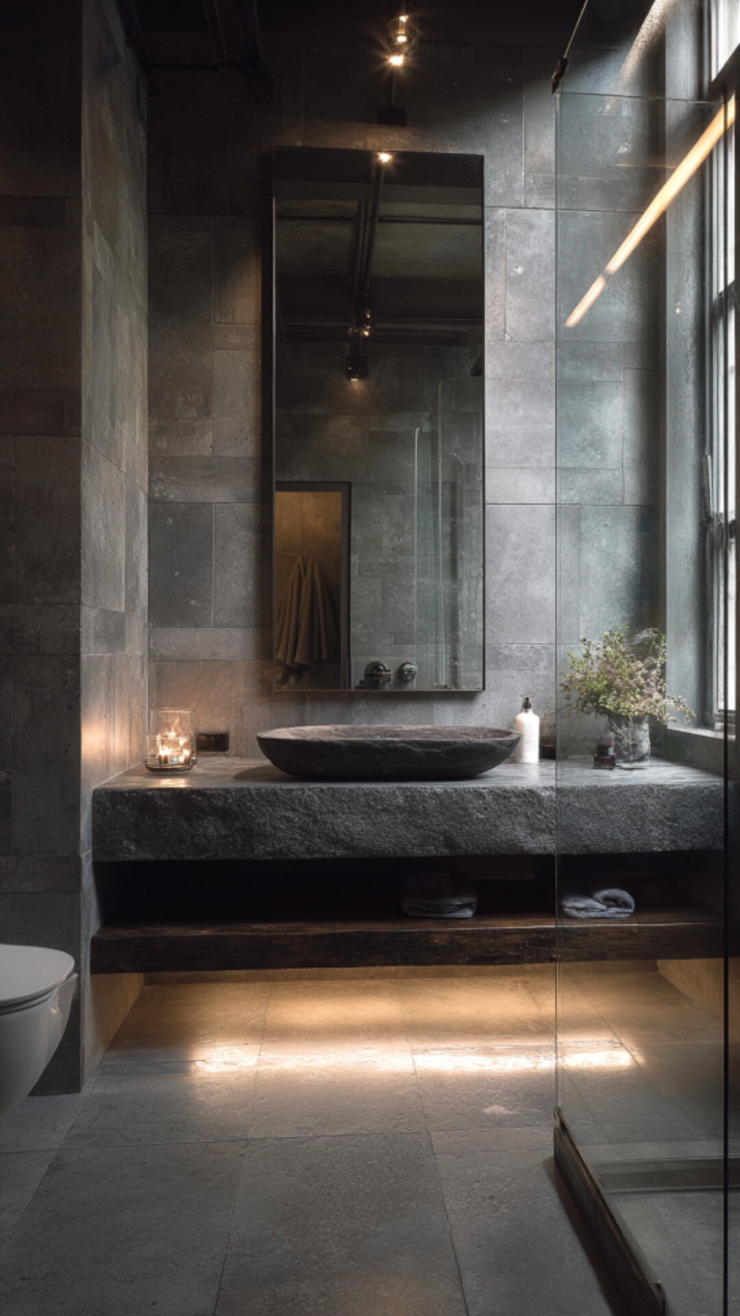 2. Grey Stone Bathroom with Subtle Sophistication