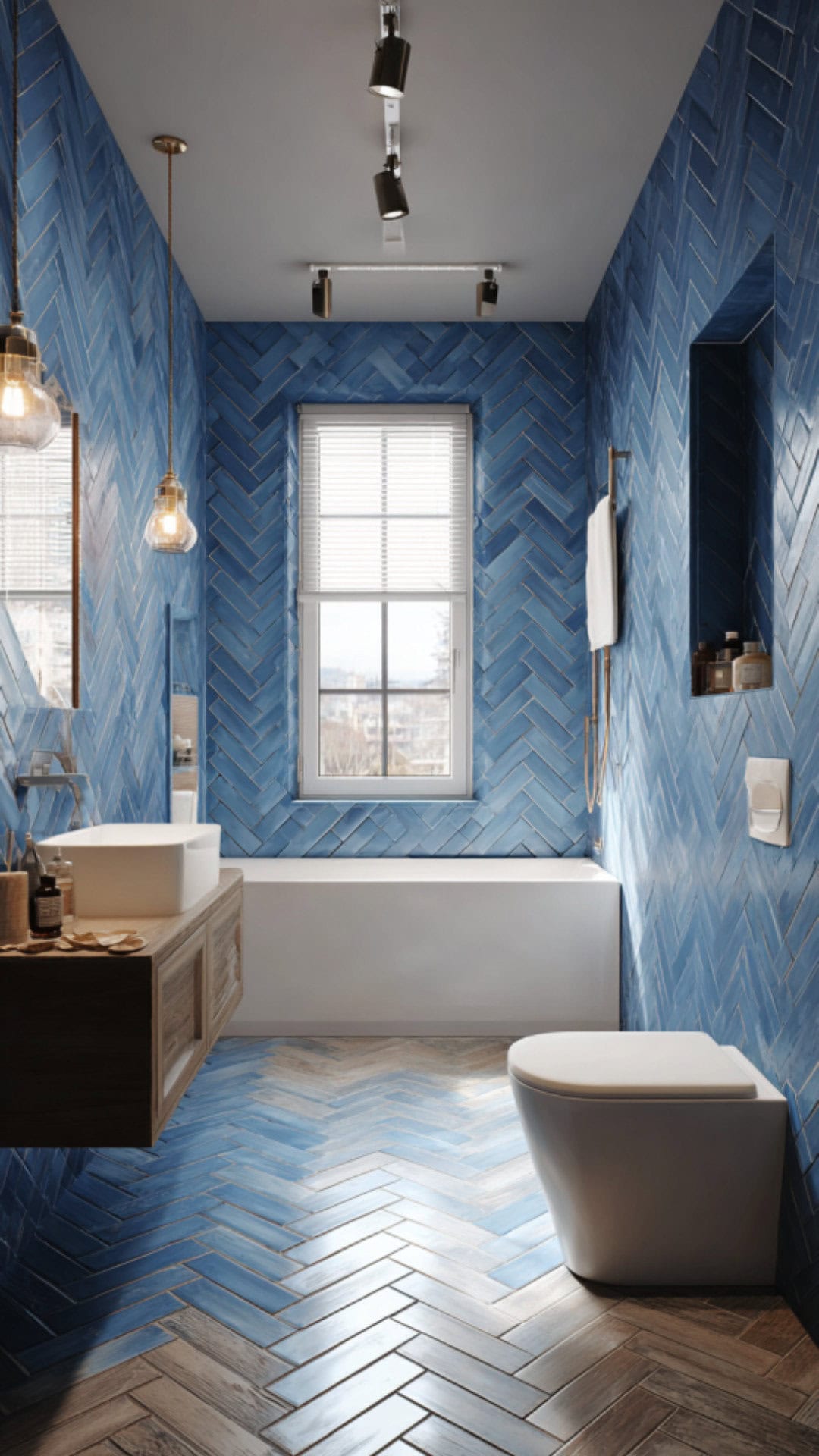 Herringbone Tile Bathroom Blue