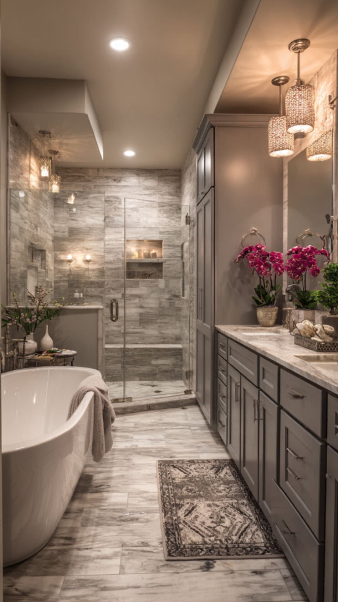 3. Grey and Travertine Blend in a Bathroom