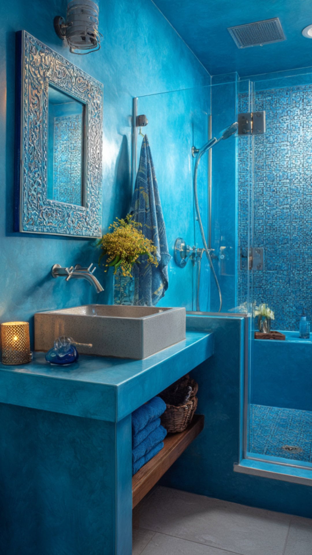 3. Bright Blue Funky Bathroom with Eclectic Details