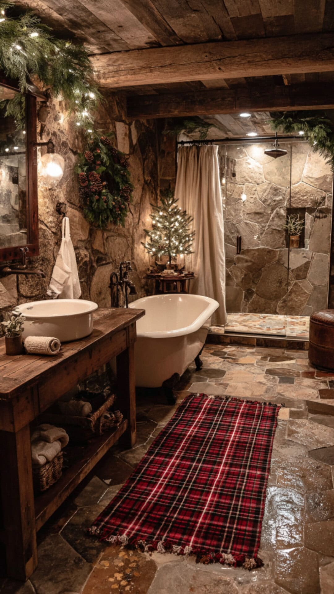 3. Rustic Christmas Bathroom Decor with Natural Warmth