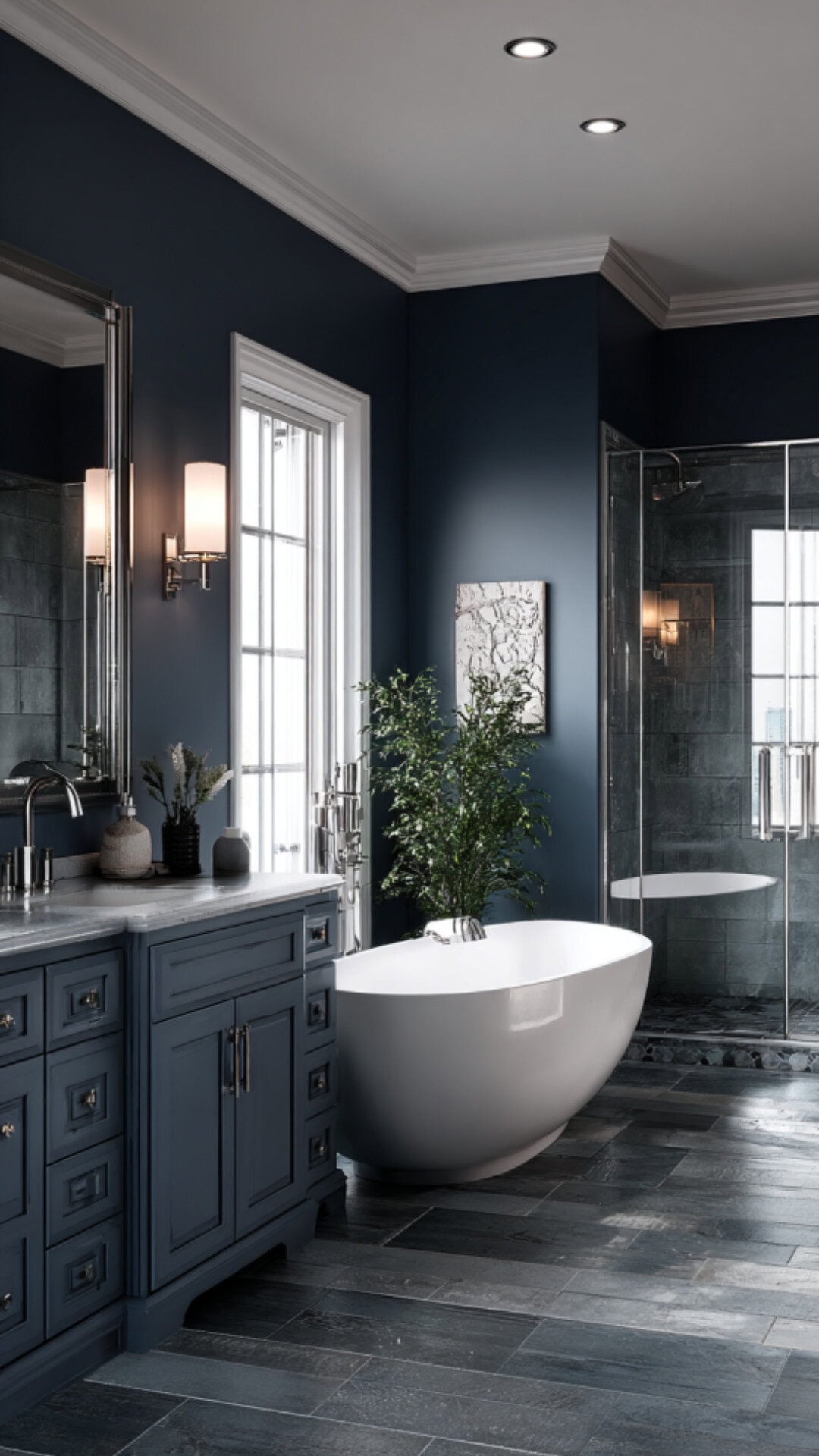 3. Navy Blue and Grey Bathroom with Soft Balance
