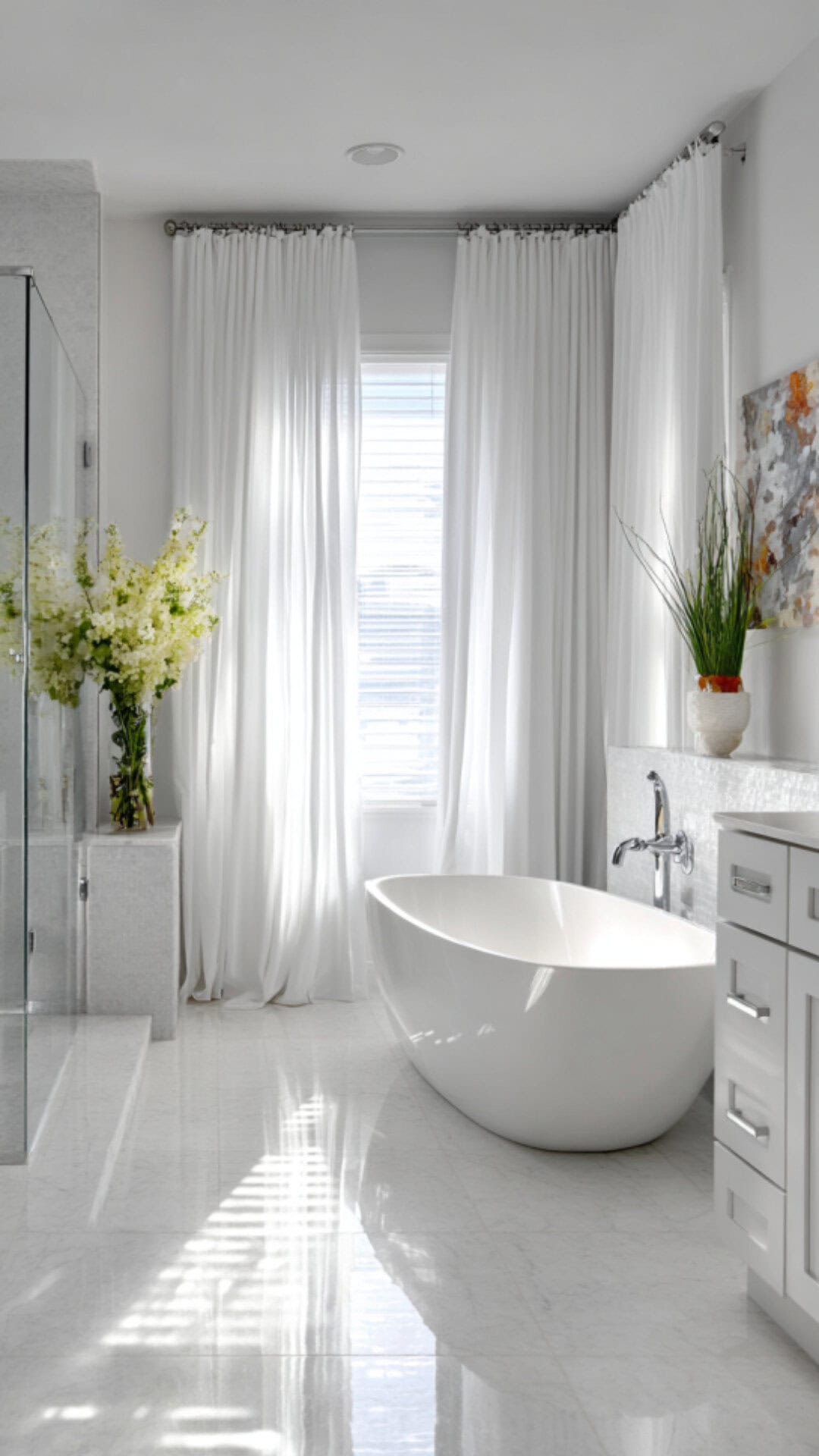 3. White Bathroom Curtain for a Clean Finish