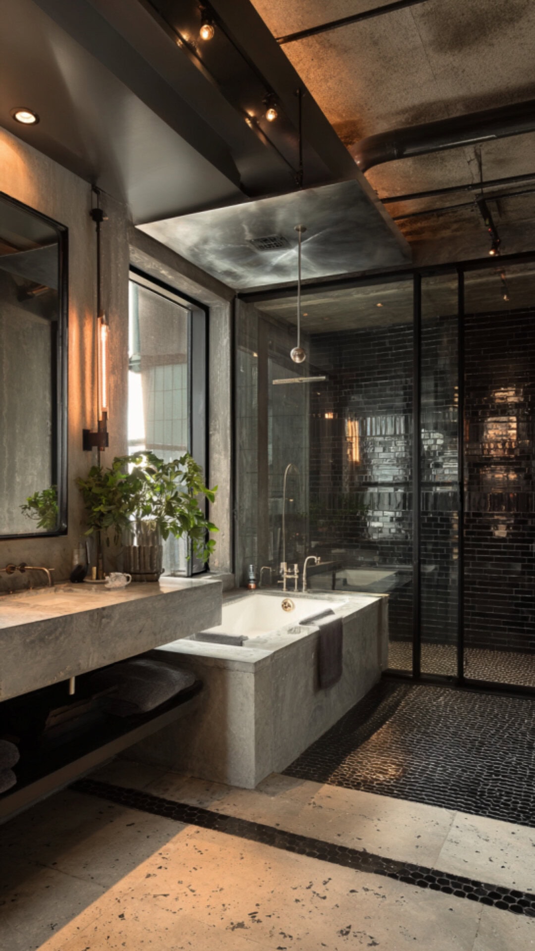 3. Chic Industrial Bathroom with Polished Style