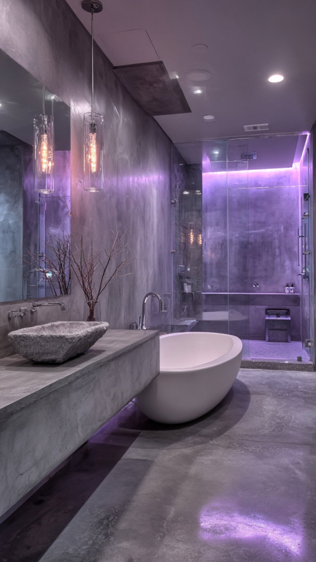 3. Grey and Purple Bathroom with Subtle Depth