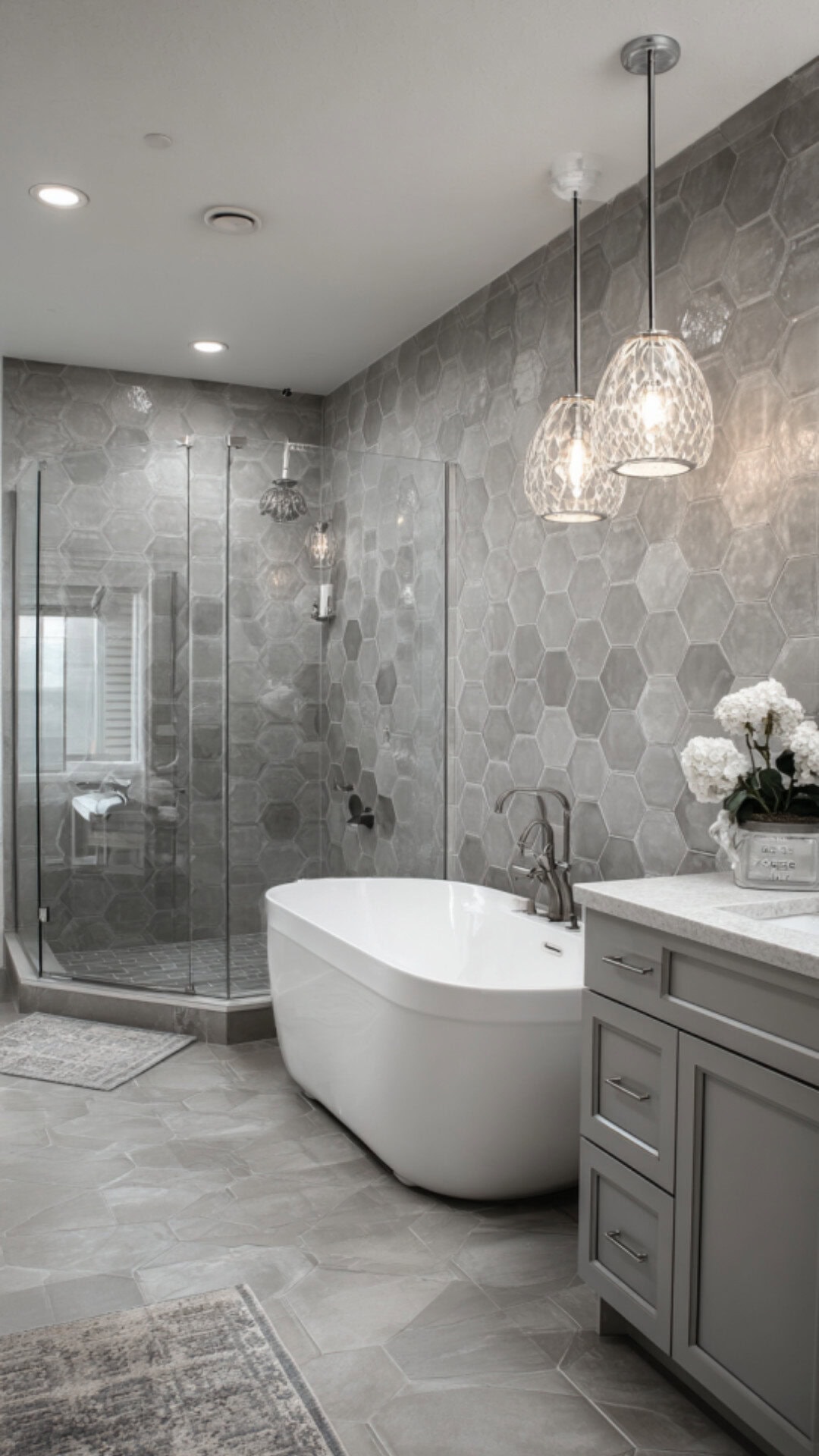 3. Grey Hexagon Tile Bathroom with Subtle Neutral Elegance
