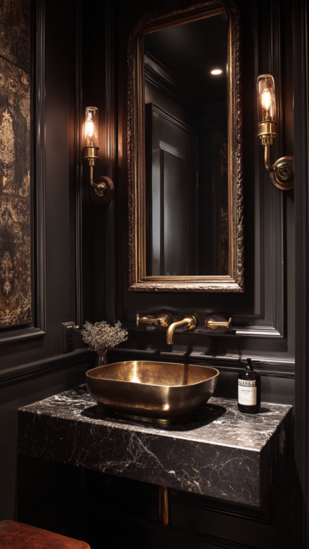 3. Moody Powder Bathroom with Dramatic Impact