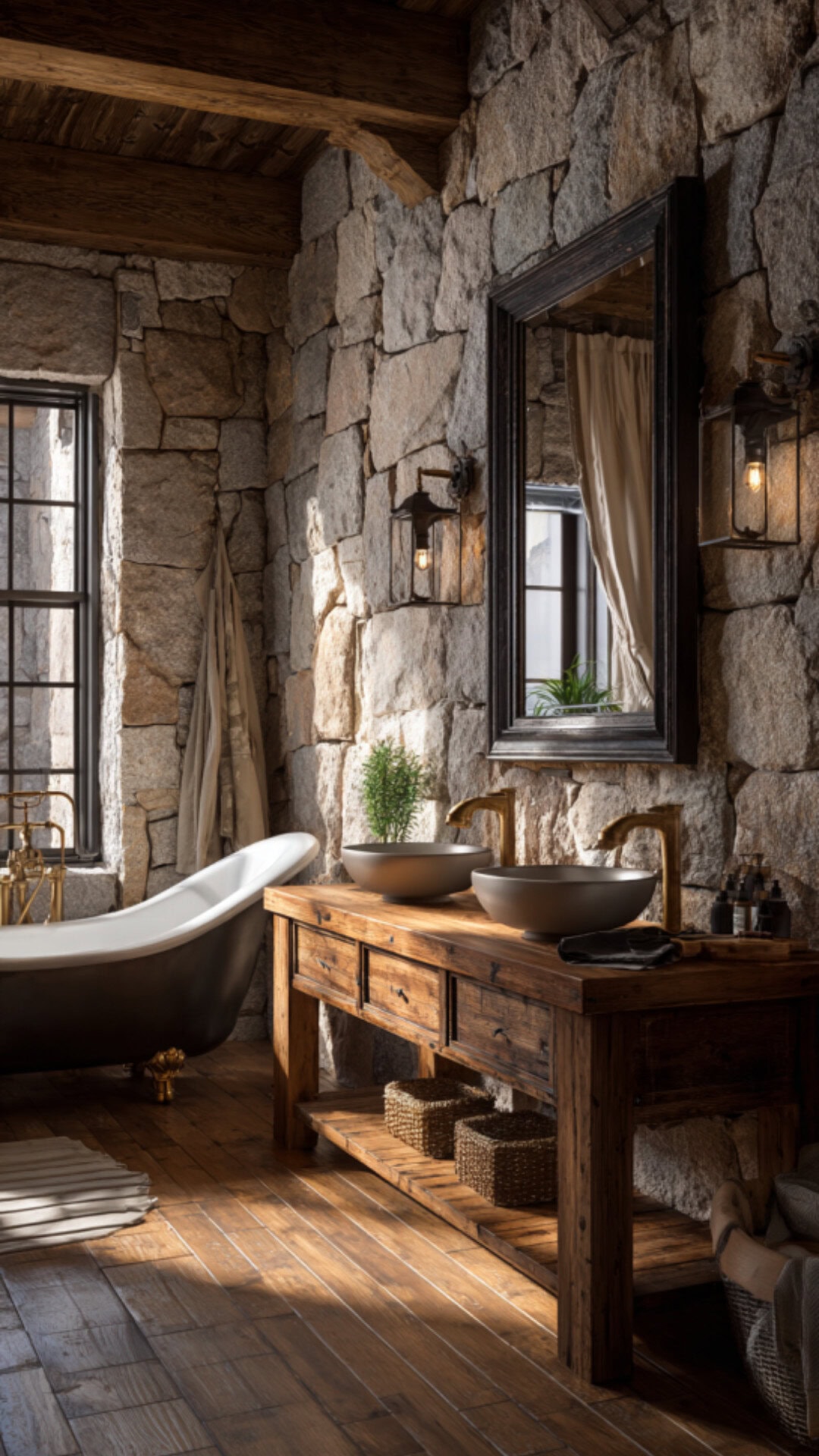 3. Rustic Double Vanity Bathroom with Natural Charm