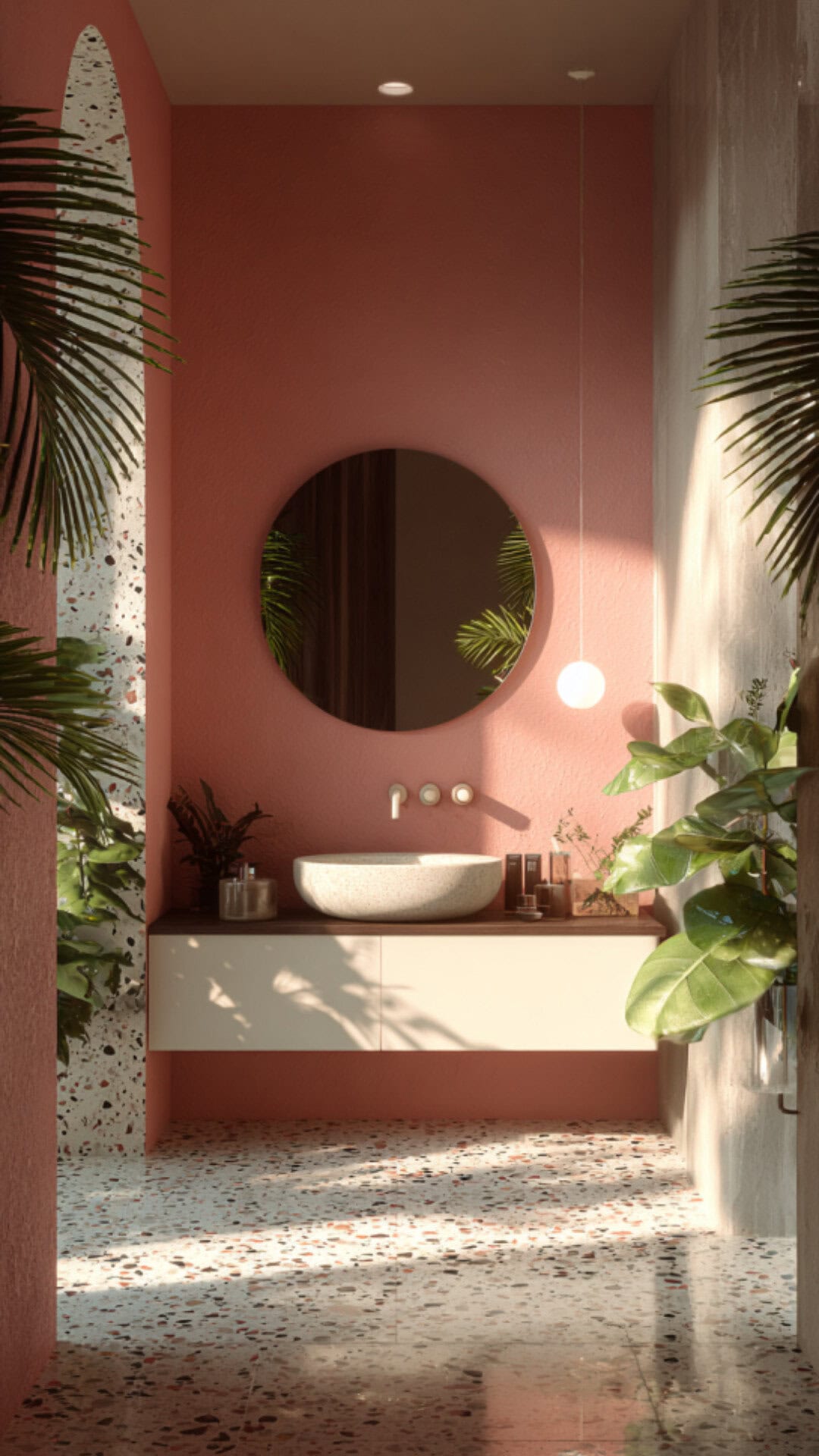 4. Pink Tropical Bathroom with Playful Sophistication