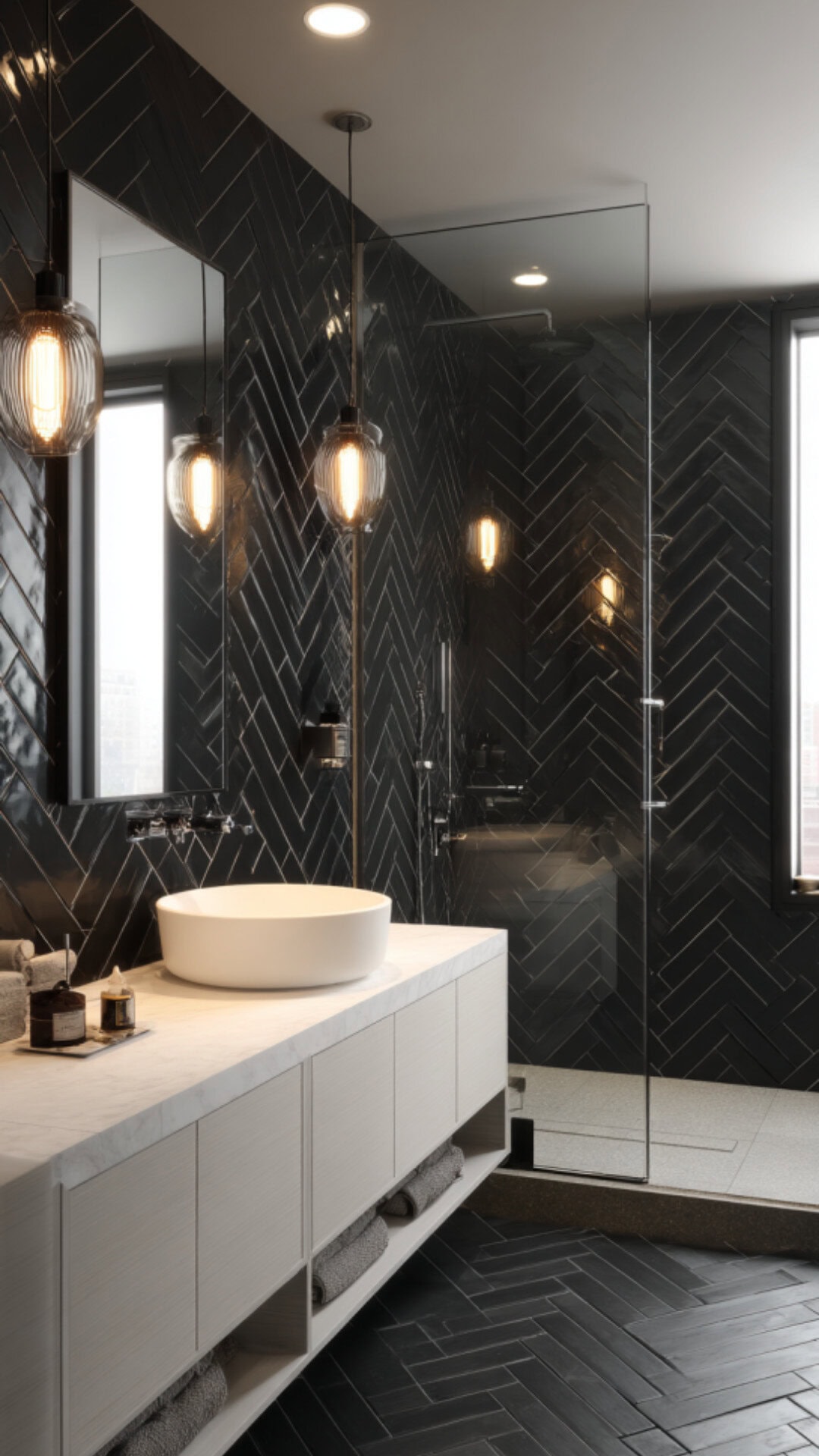 Herringbone Tile Bathroom Black