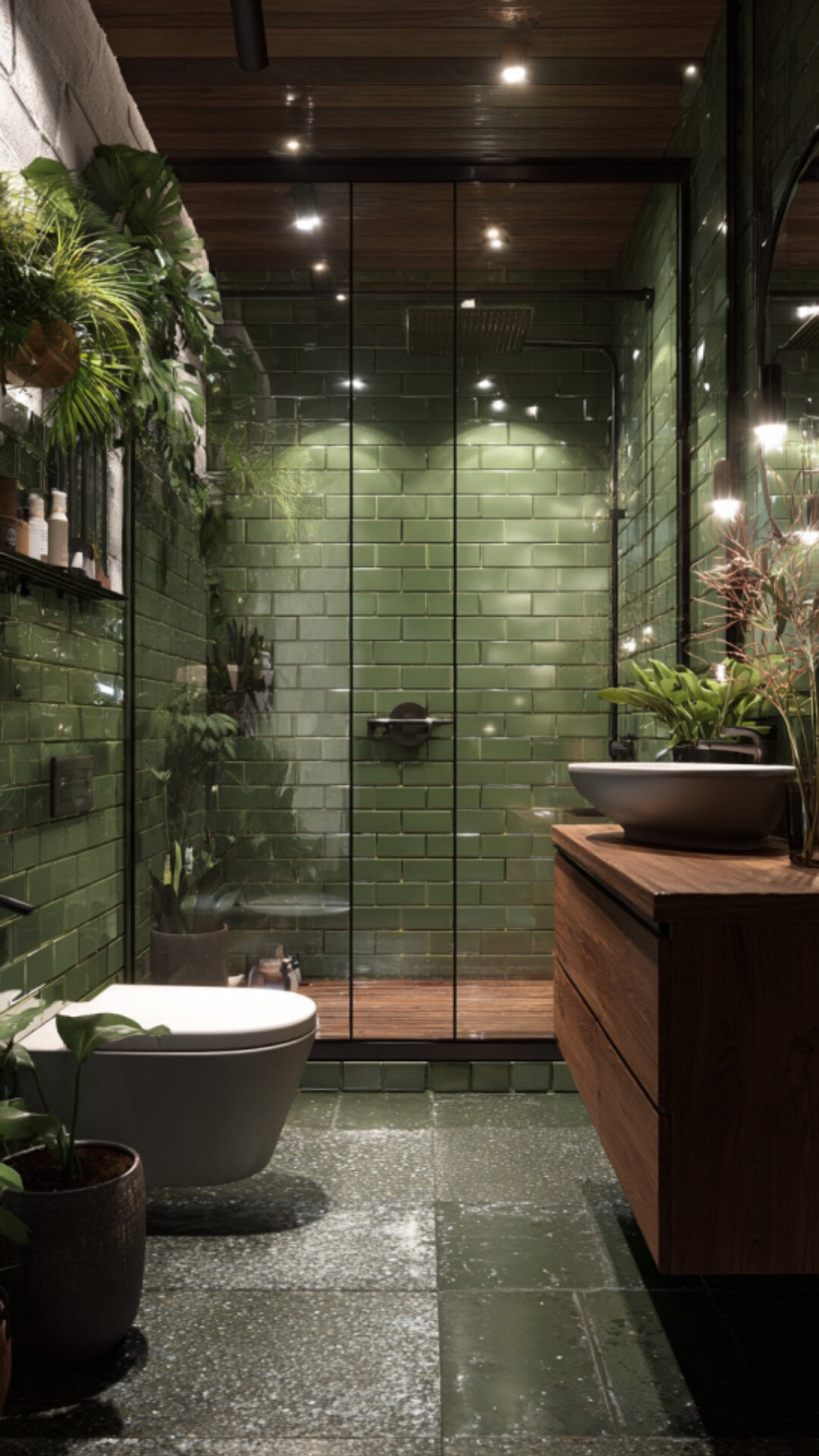 4. Green Bathroom Shower with Botanical Vibes
