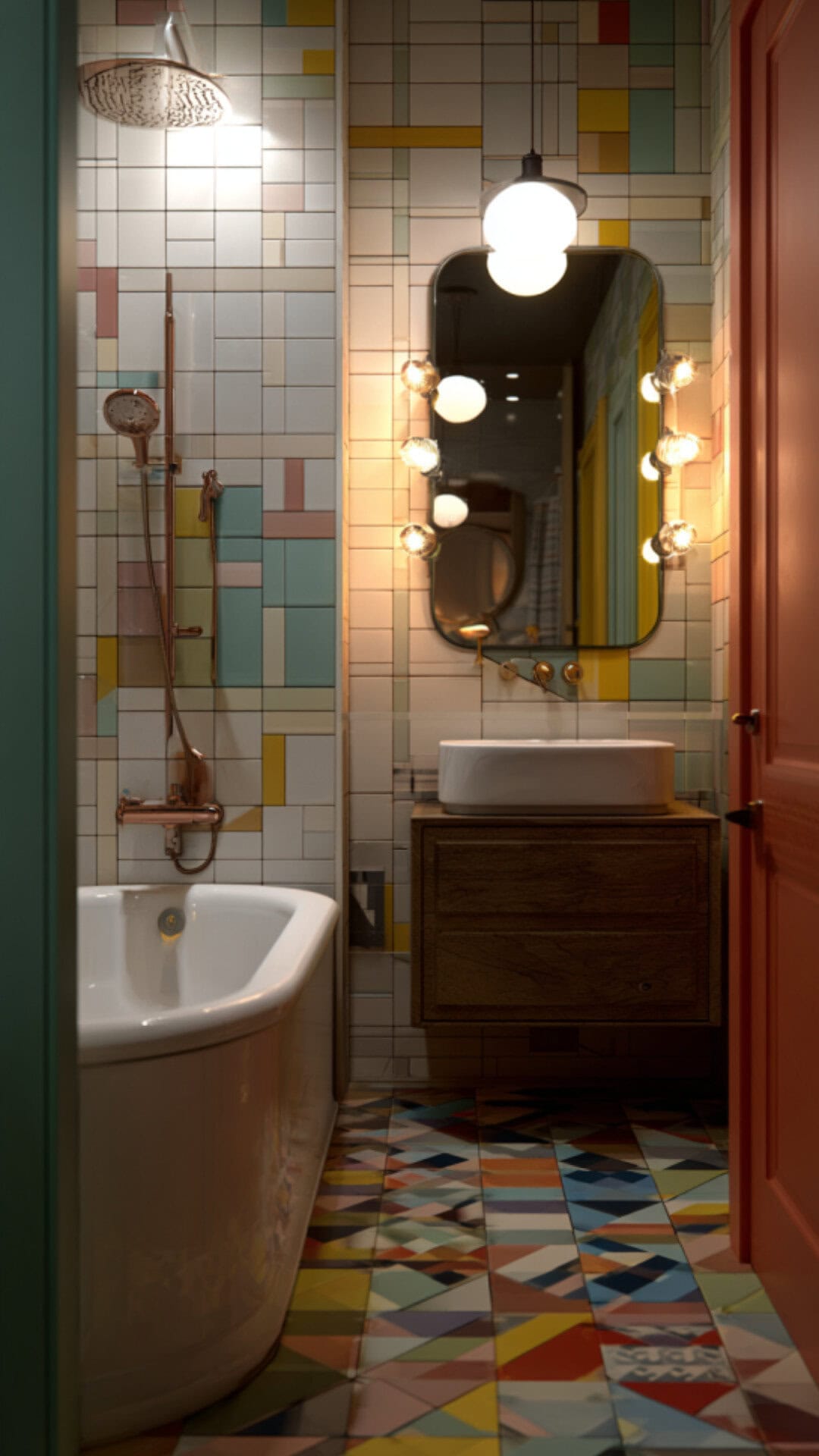 4. Retro-Inspired Funky Bathroom with Colorful Fixtures