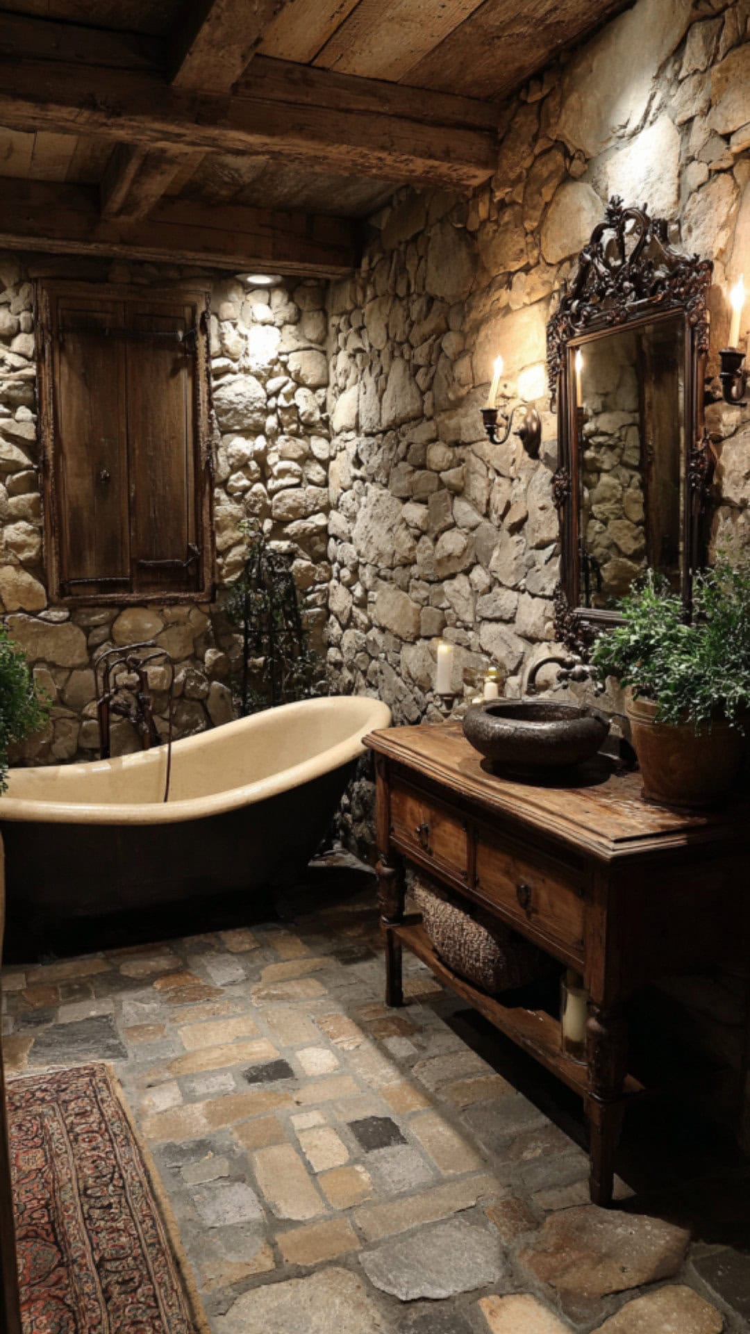 4. Rustic French Country Bathroom with Natural Textures