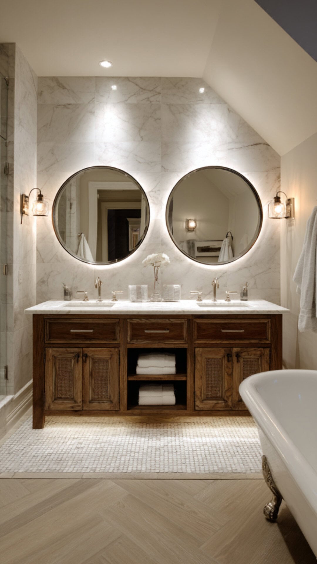 4. Double Sink Vanity Bathroom with Circle Mirror Accents