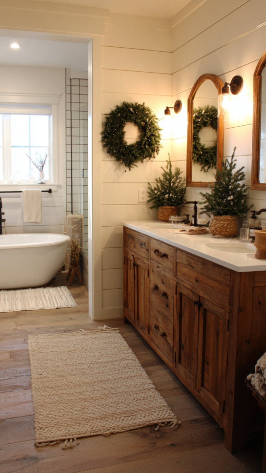 4. Farmhouse Christmas Bathroom with Vintage Spirit