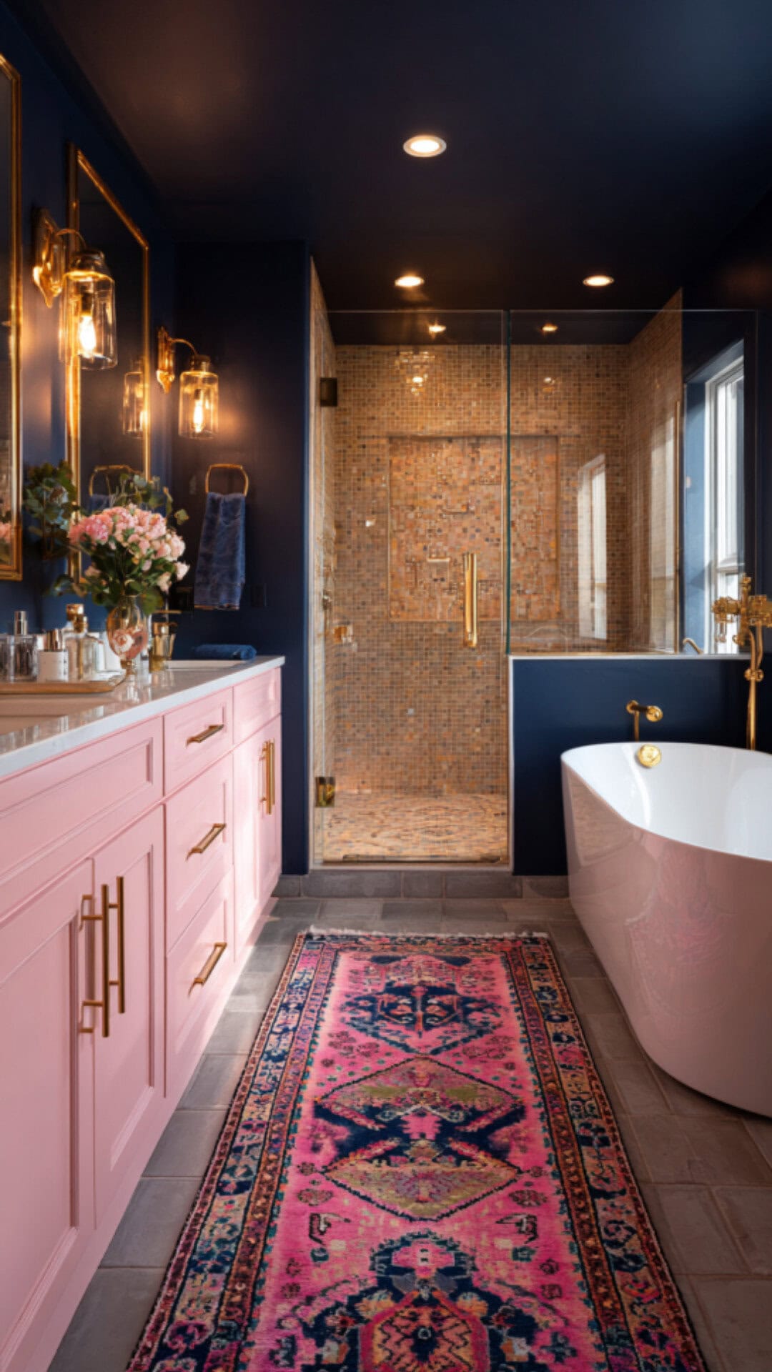 4. Navy Blue and Pink Bathroom with Playful Charm