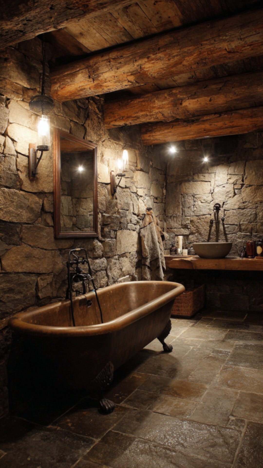4. Rustic Clawfoot Tub Bathroom with Natural Character
