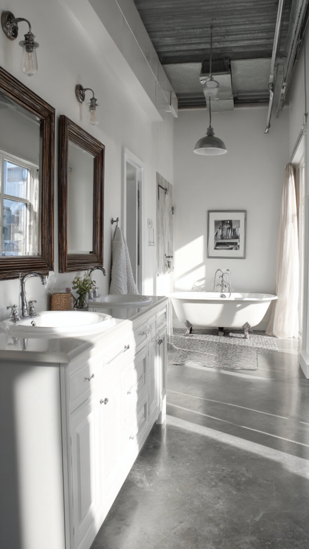 4. White and Concrete Bathroom with Crisp Contrast