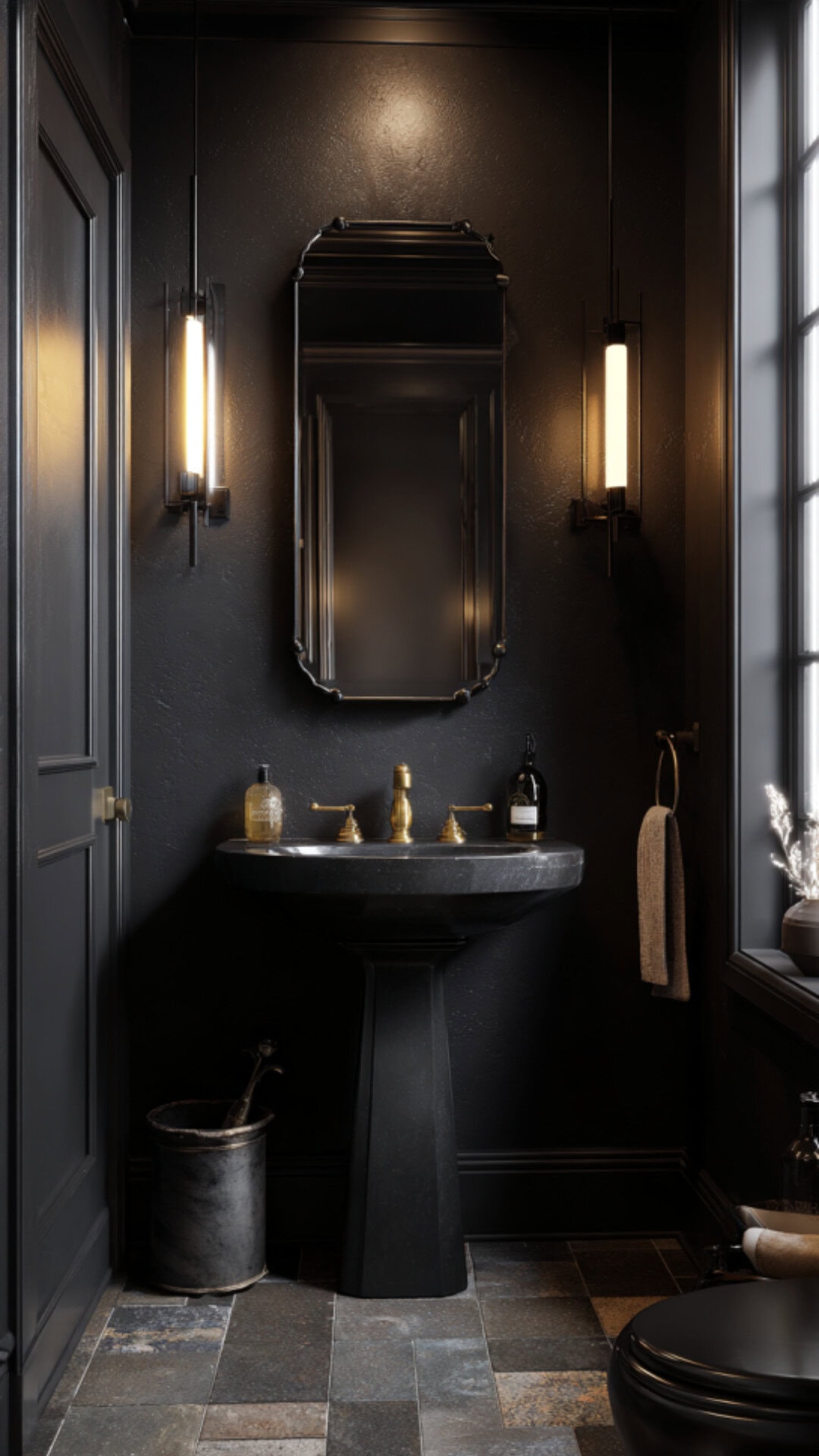 4. Black Powder Bathroom with Bold Sophistication