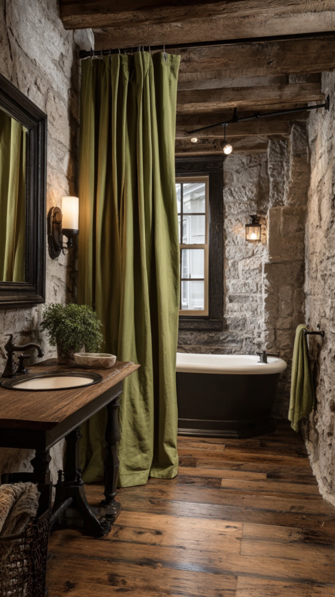 4. Green Shower Curtain Bathroom with Refreshing Vibes