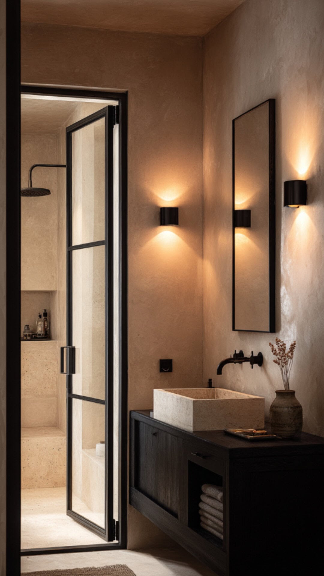 Beige and Black Bathroom