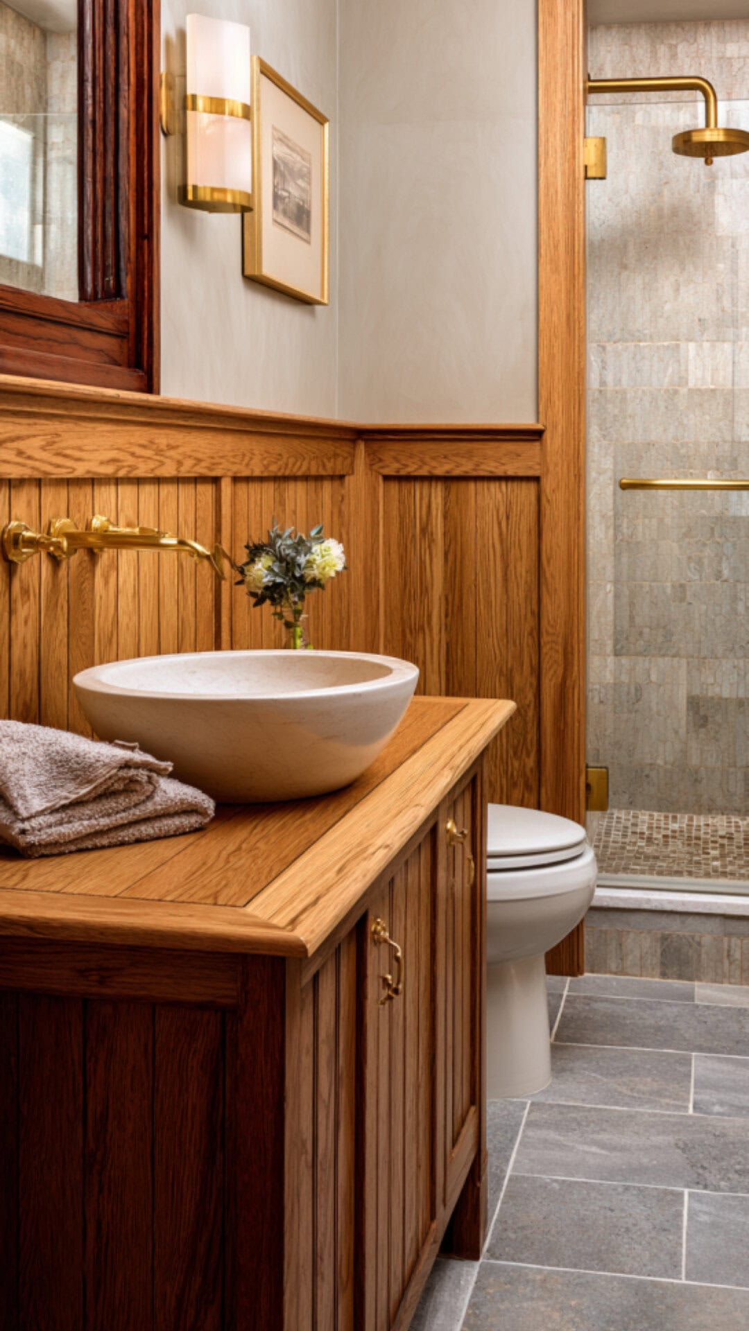 5. Wooden Wainscoting Bathroom with Rustic Warmth