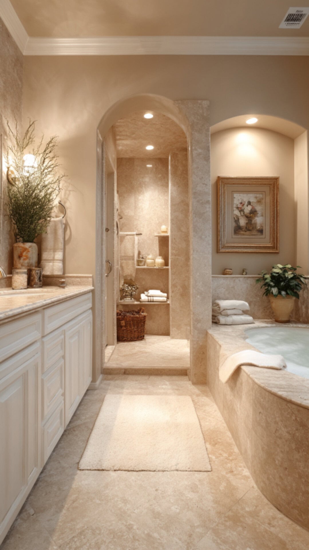 5. White and Travertine Combo in a Bathroom