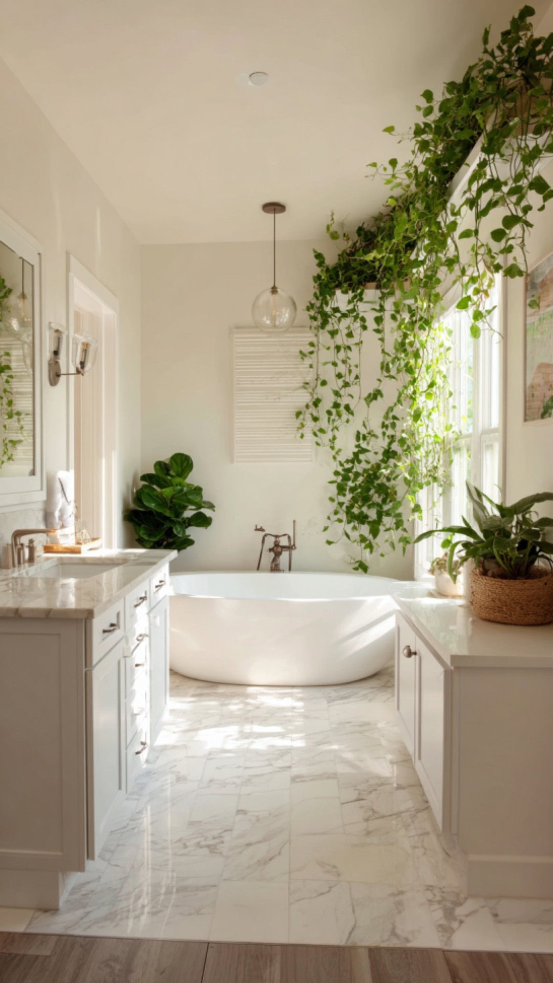 5. White Bathroom with Plants for a Classic Look