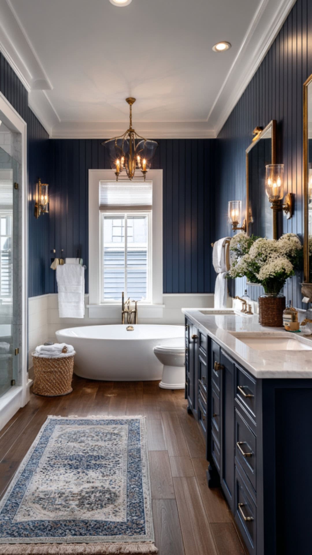 5. Navy Beadboard Bathroom for Refined Elegance