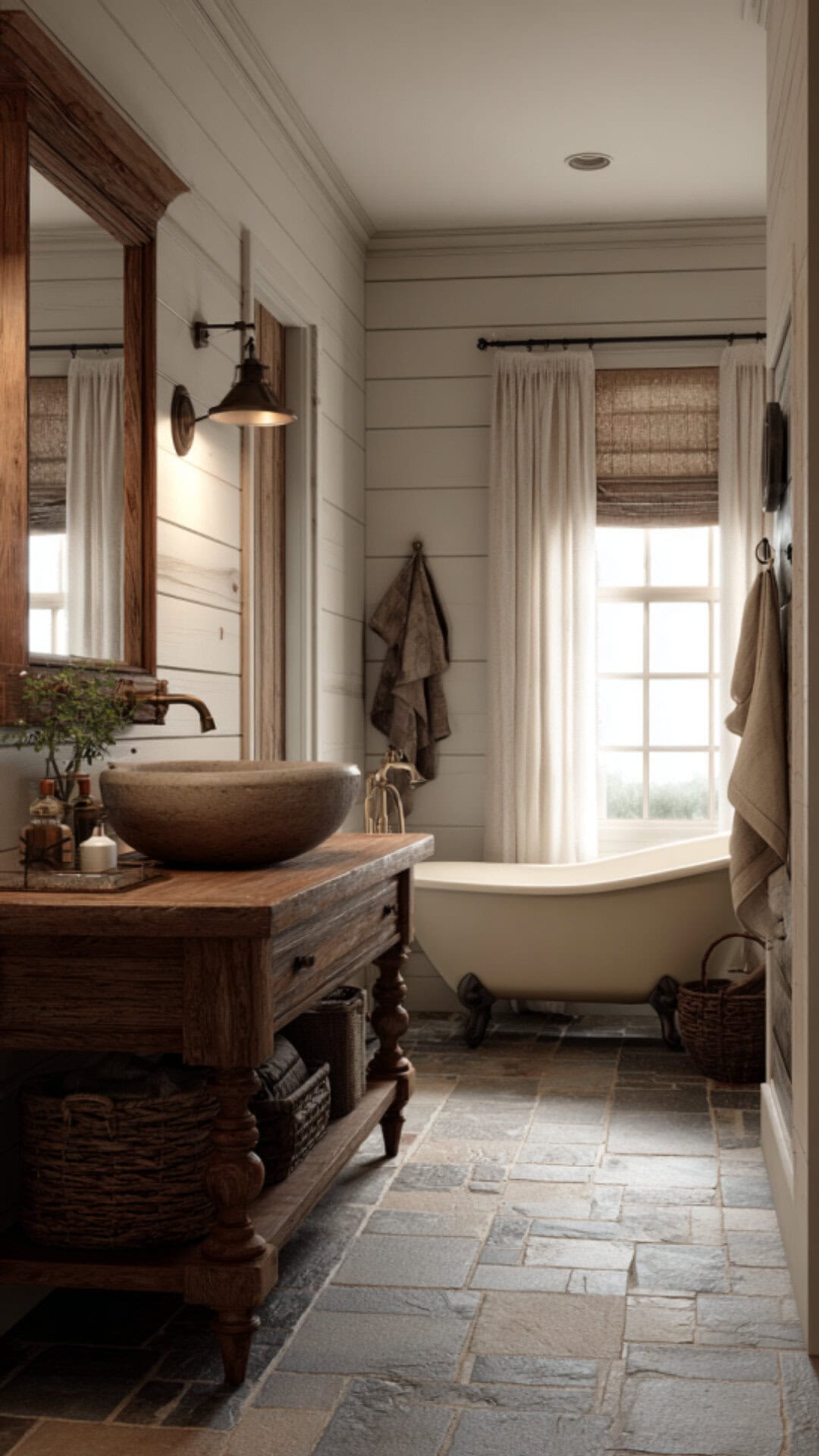5. Farmhouse French Country Bathroom with Vintage Character