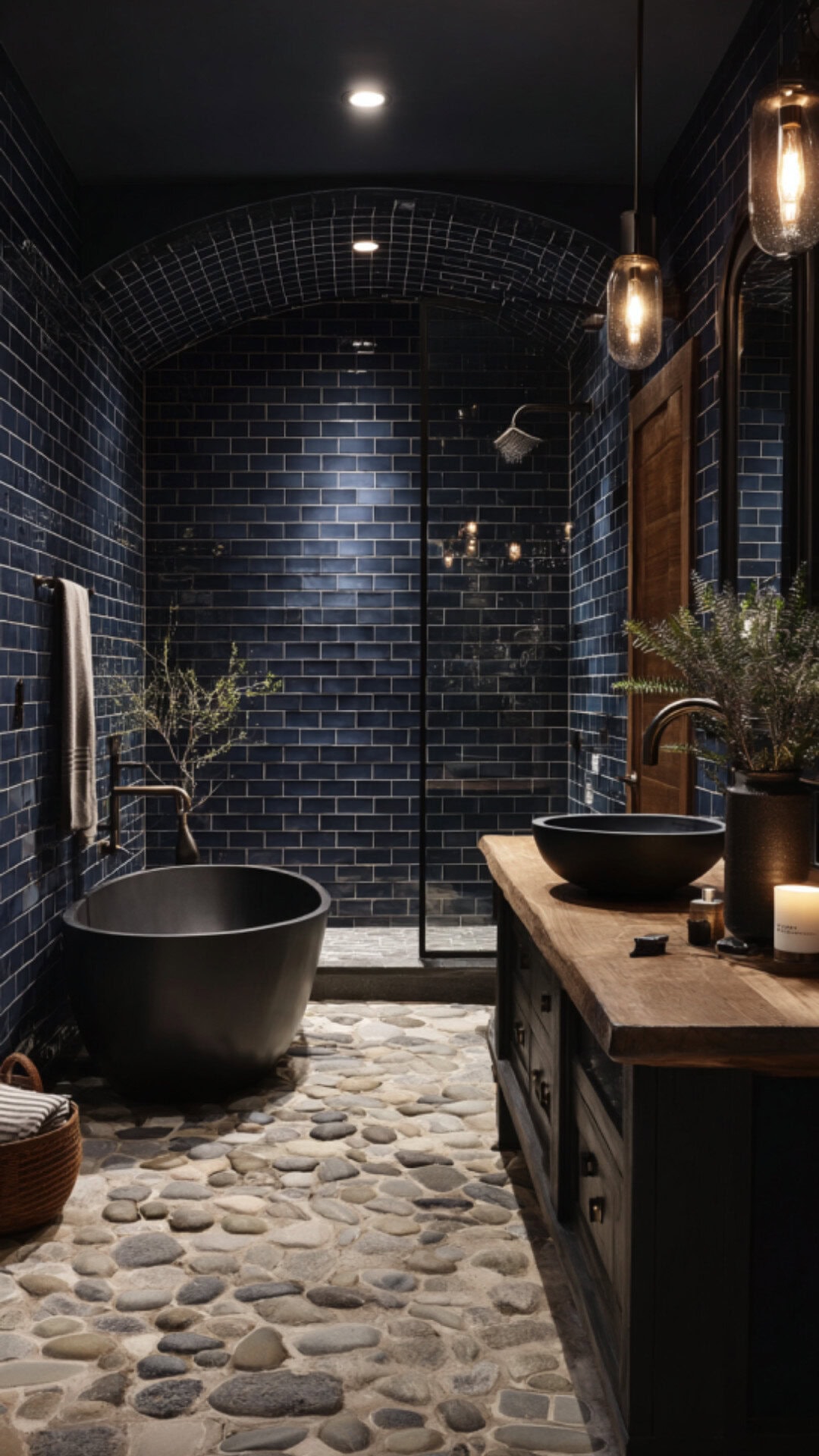 5. Navy Blue and Black Bathroom with Bold Depth