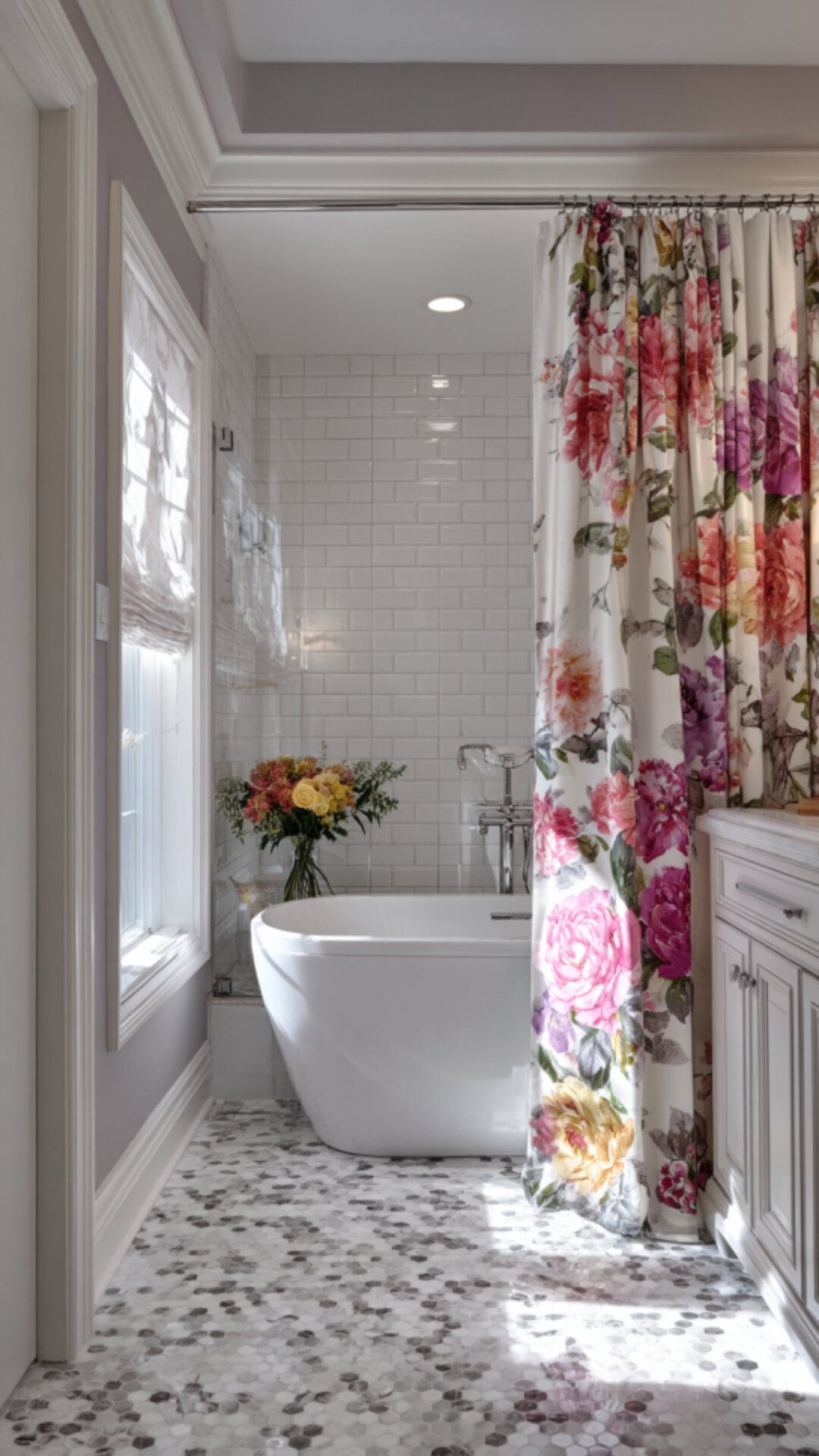 5. Floral Bathroom Curtain for a Cheerful Accent