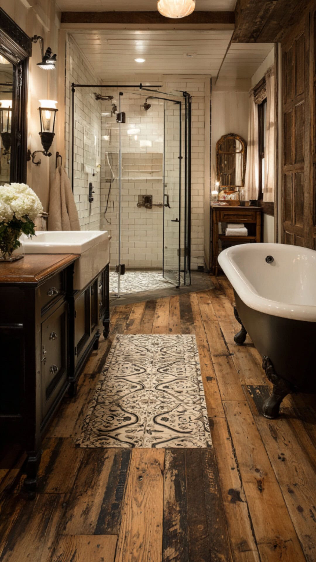 5. Farmhouse Bathroom with Rustic Flooring Appeal