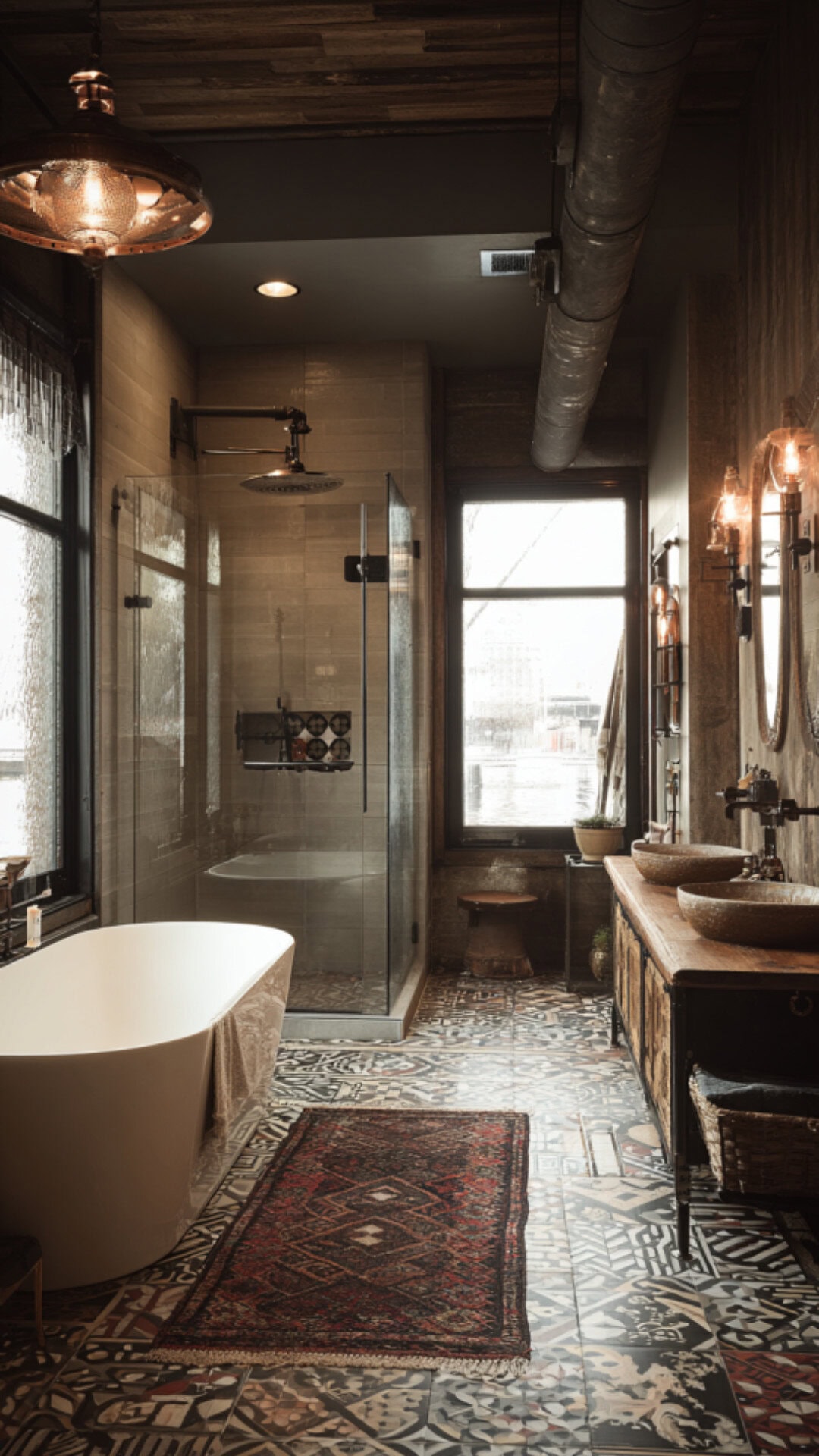 5. Boho Industrial Bathroom with Eclectic Layers