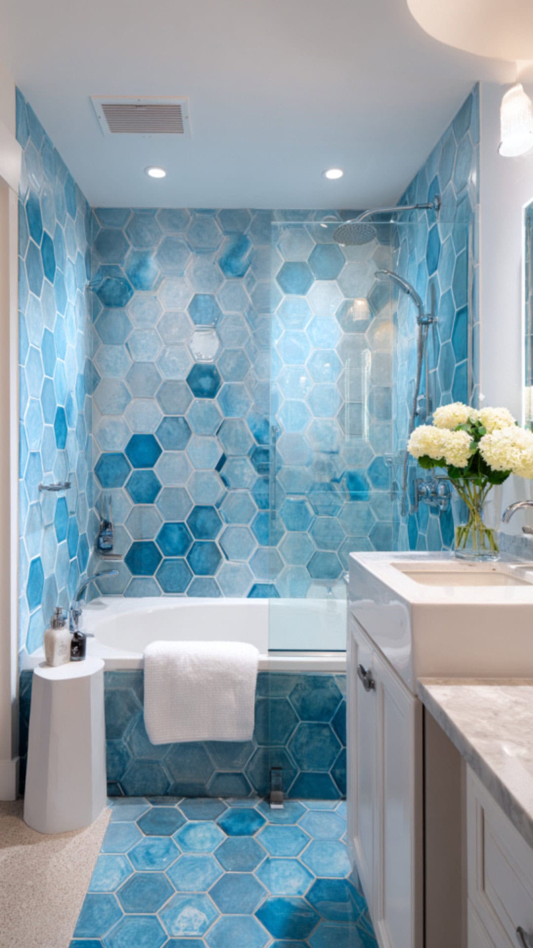 5. Blue Hexagon Tile Bathroom with Calming Character