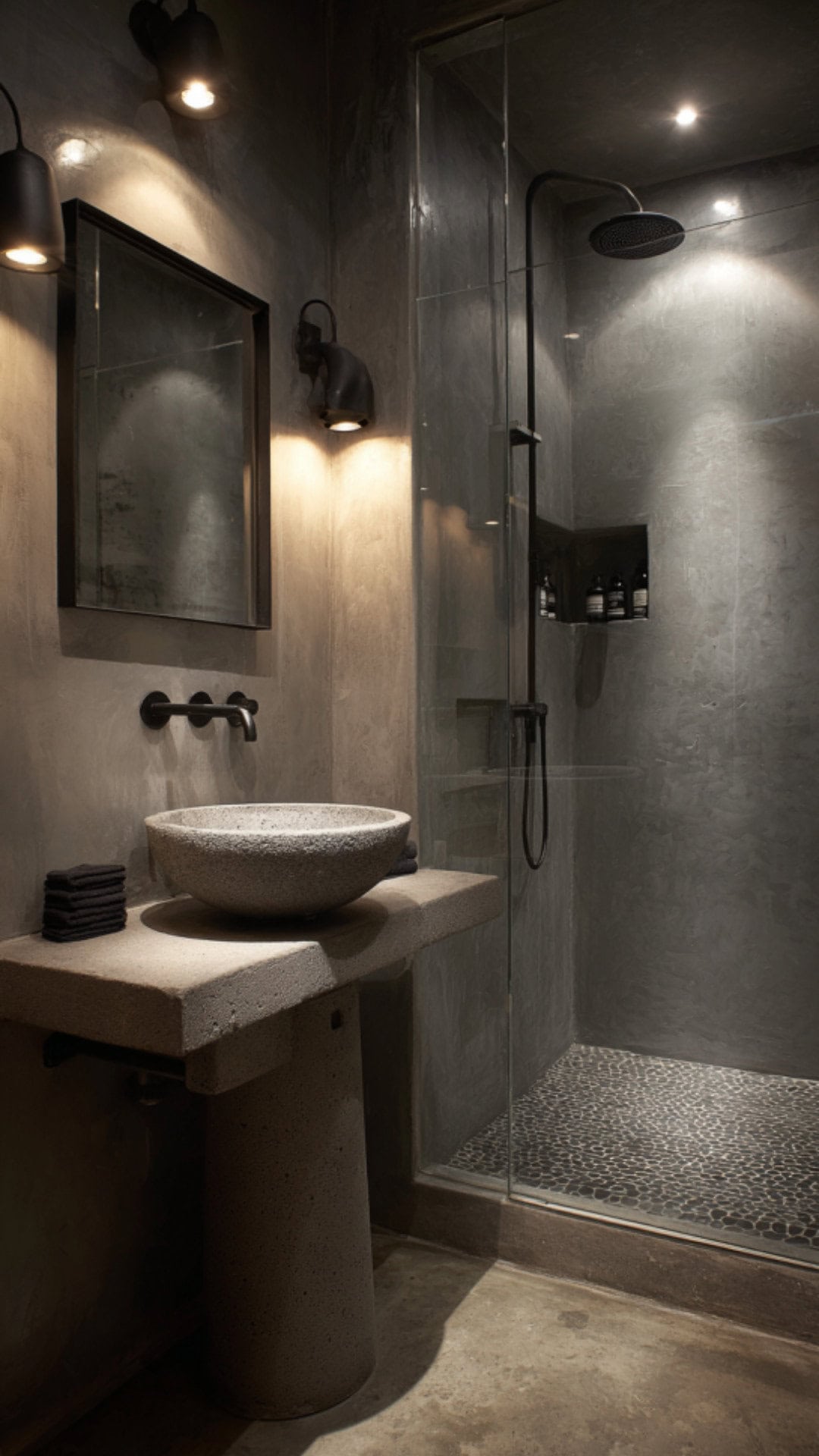 5. Grey Concrete Bathroom with Monochrome Style