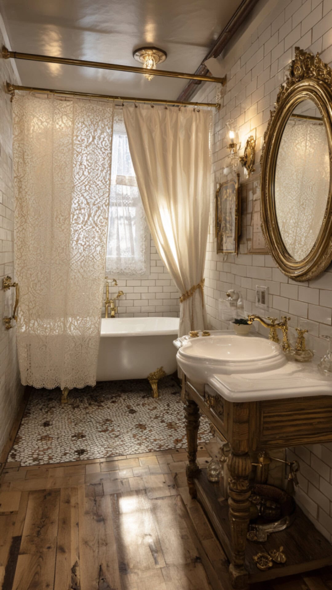 5. Lace Shower Curtain Bathroom with Vintage Elegance