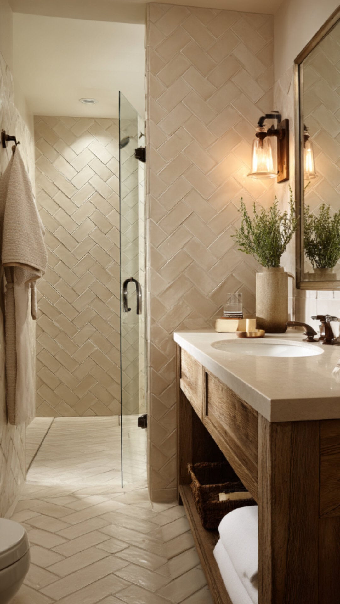 Herringbone Tile Bathroom Cream