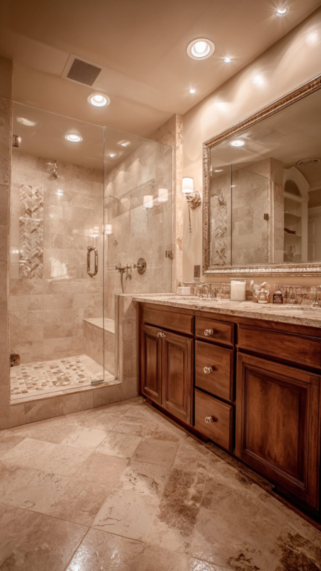 6. Travertine Bathroom with Marble Accents