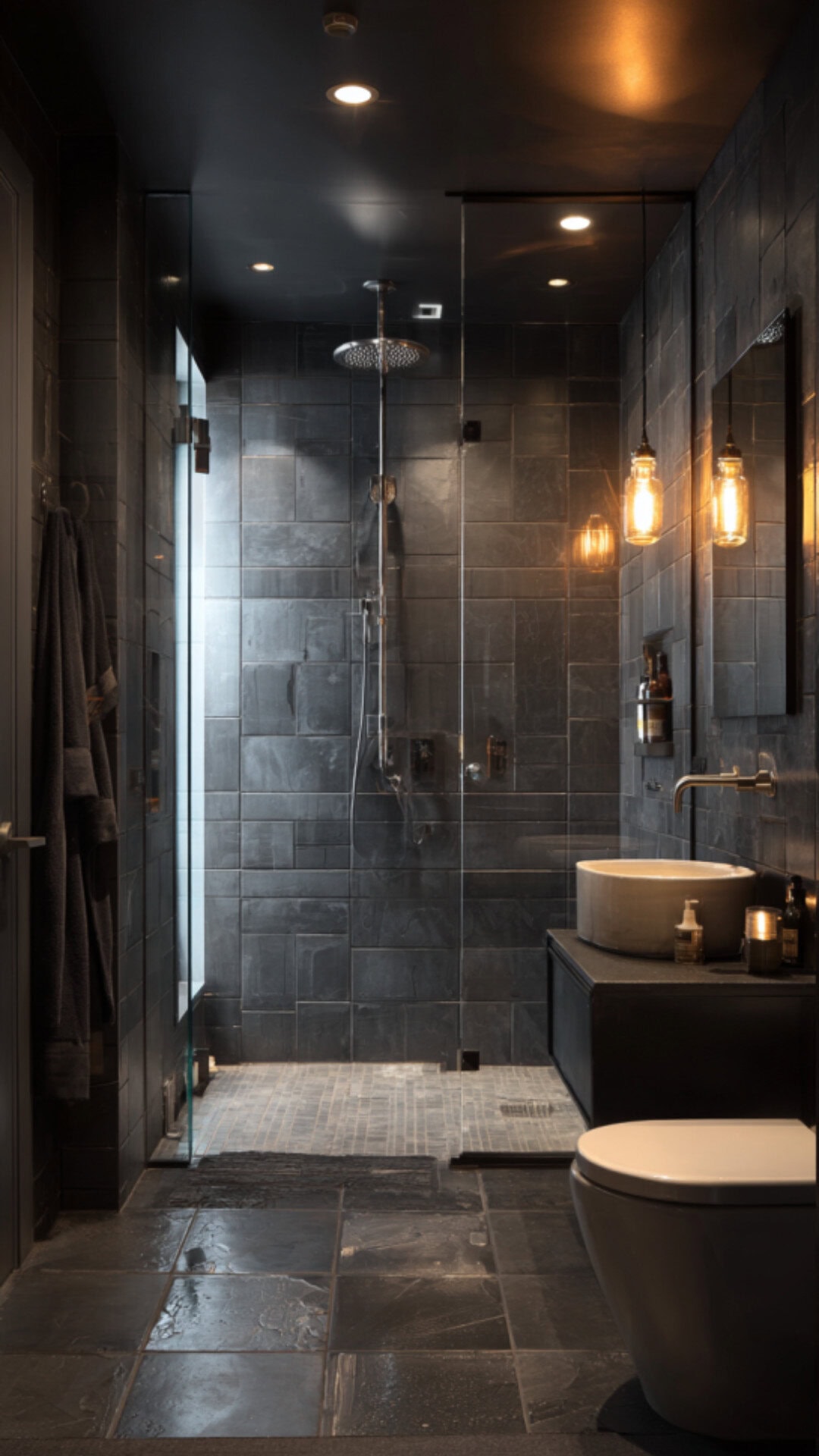 6. Black Bathroom with Wet Room