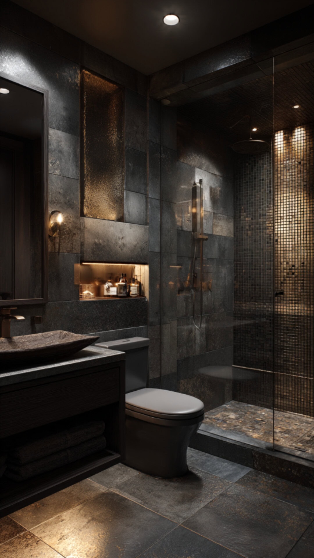 6. Moody Bathroom Shower with Dark Finishes