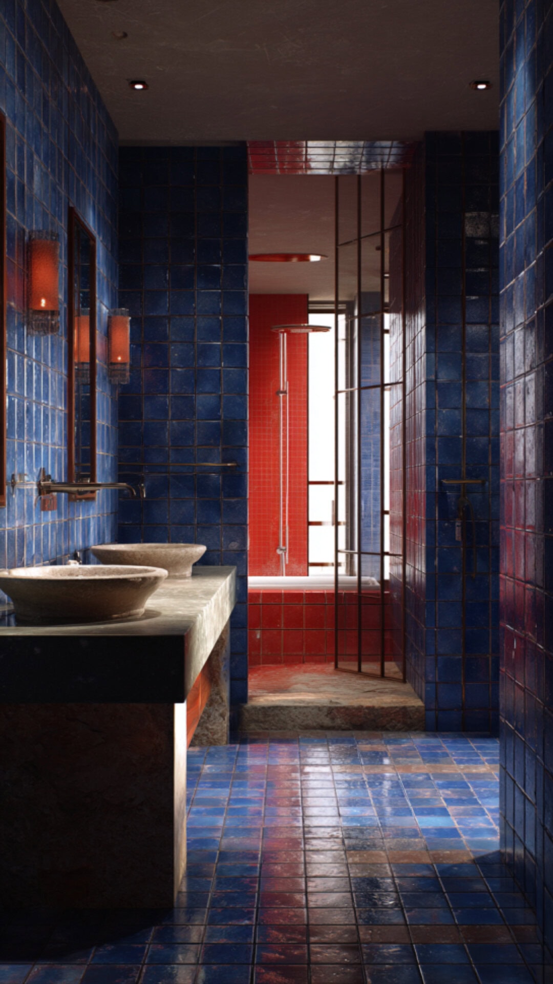 6. Blue and Red Bathroom for Vibrant Energy