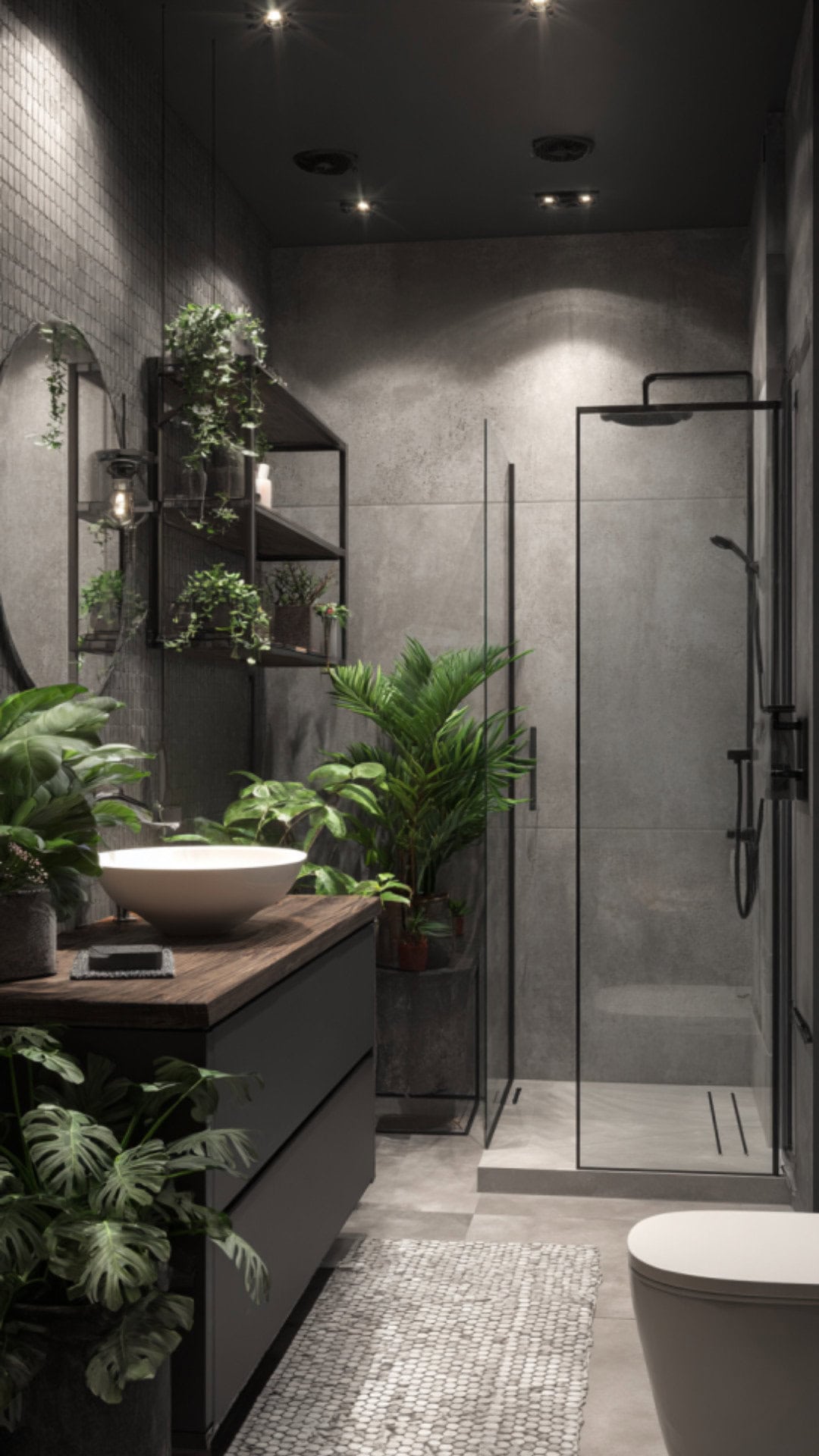 6. Black and White Bathroom with Plants for Contrast