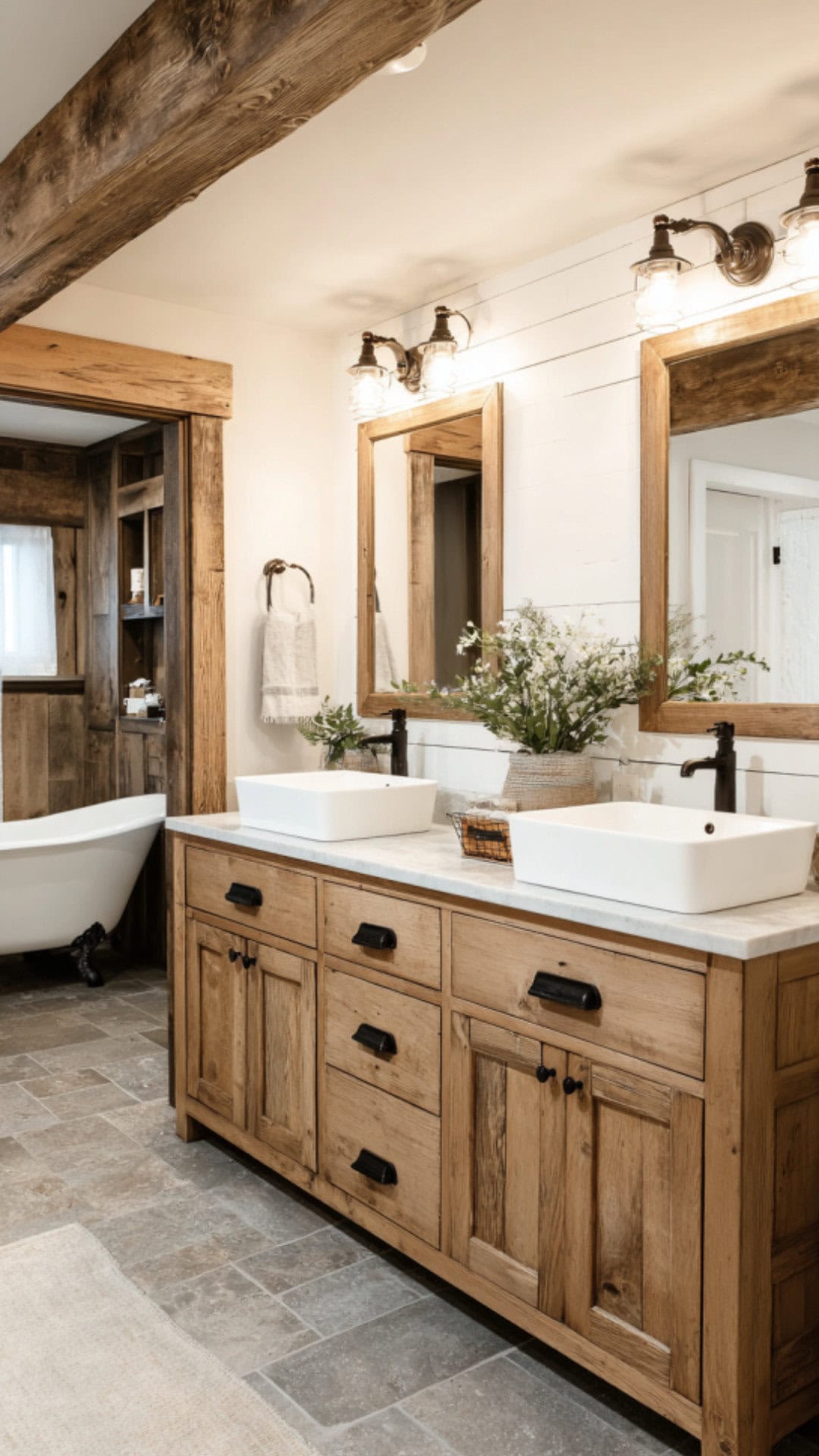 6. Farmhouse Double Sink Vanity Bathroom with Rustic Warmth
