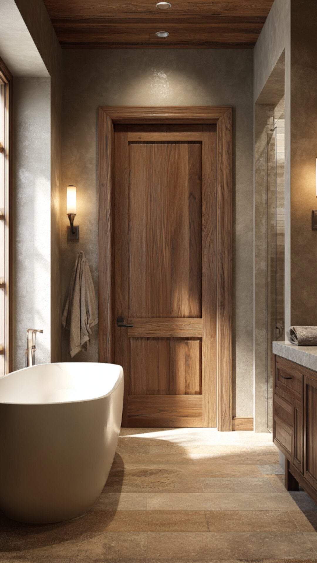 6. Wood Bathroom Door for Natural Warmth