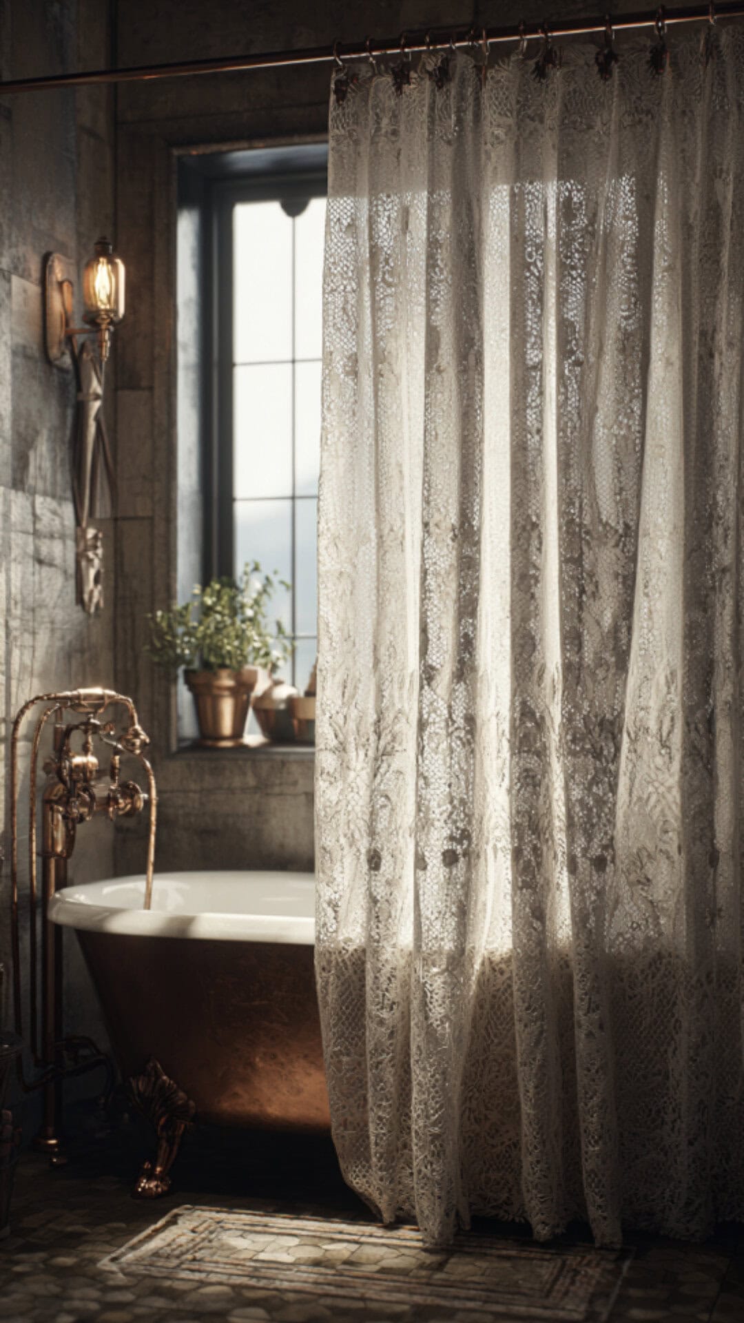 6. Lace Bathroom Curtain for Vintage Elegance