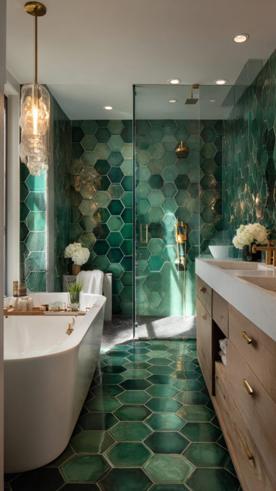 6. Green Hexagon Tile Bathroom with Natural Balance