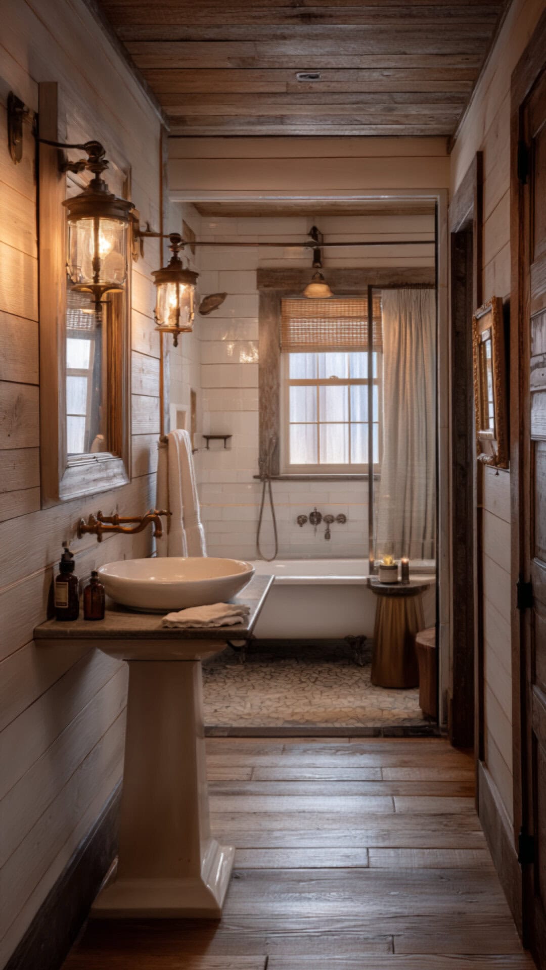 6. Farmhouse Pedestal Sink Bathroom with Rustic Warmth